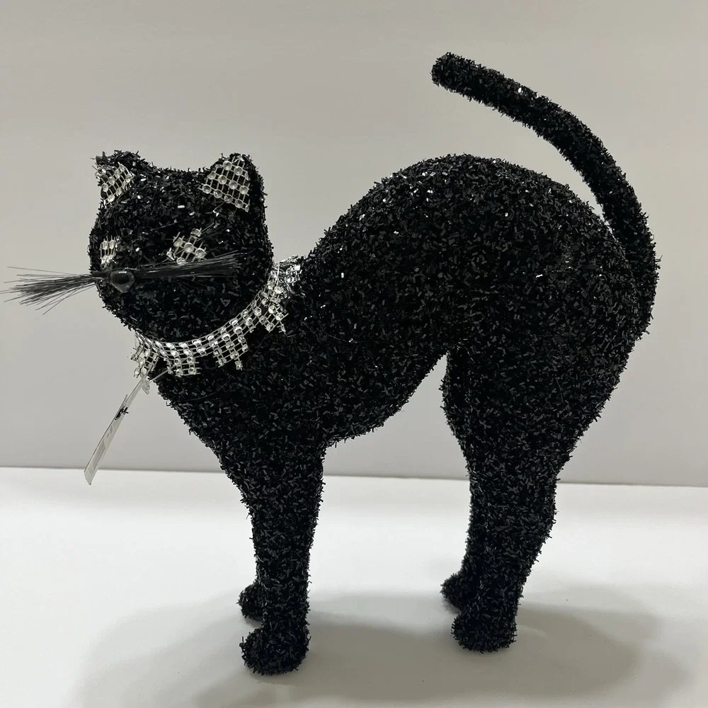 Halloween Black Table Cat Sparkly Black Tinsel Rhinestone Collar Eyes Ears 12